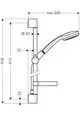 Hansgrohe Brauseset mit Wandhalterung und Brausestange. Die Konstruktion zeigt eine Duschbrause, montiert an einer vertikalen Stange mit integriertem Seifenablagefach.